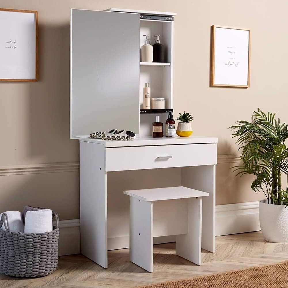 White Modern Dressing Table Set Mirror Stool Storage Makeup Vanity Desk