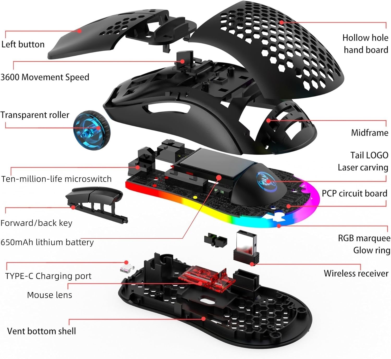 RGB Wireless Gaming Mouse 3600 DPI Lightweight Honeycomb Black