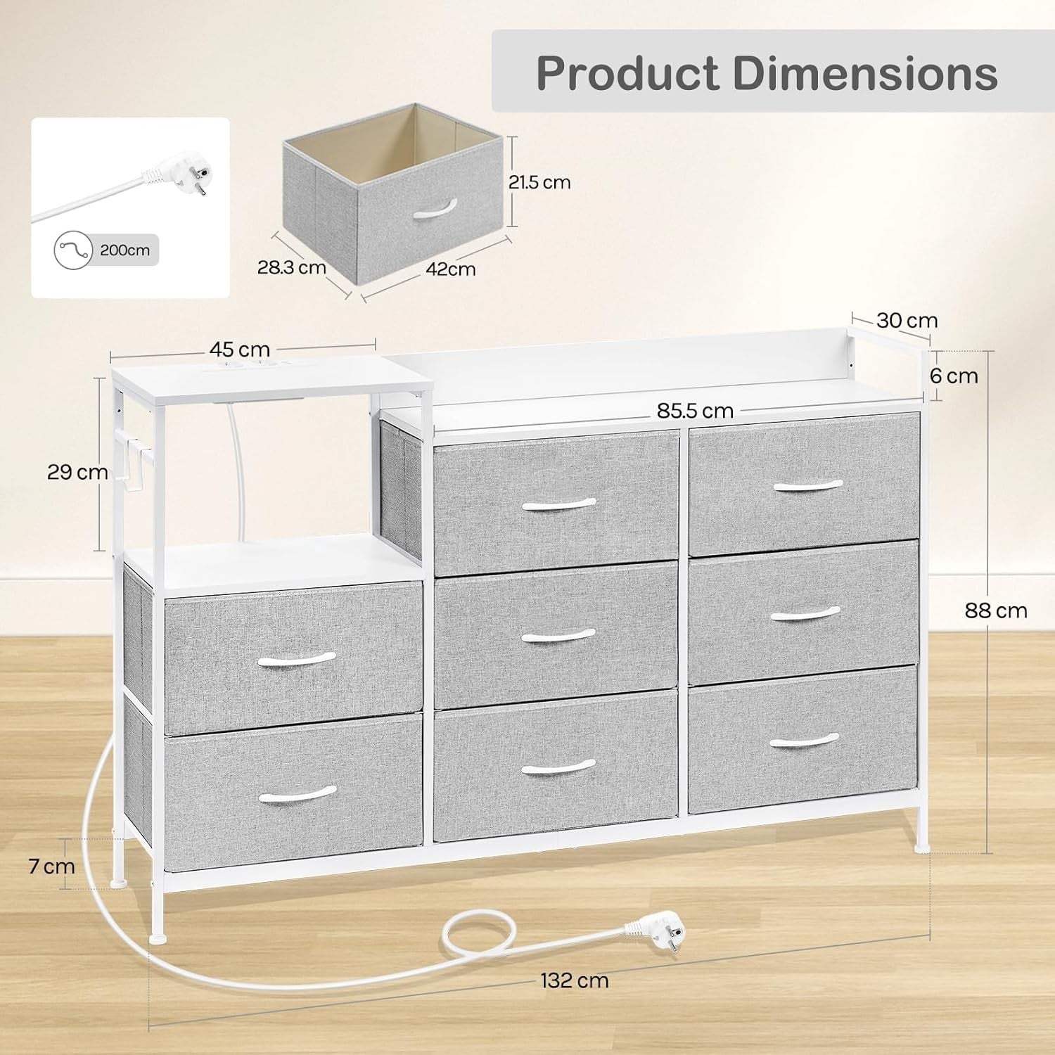 Fabric Storage 8 Chest Drawer  with USB Charging Ports Light Grey White Unit