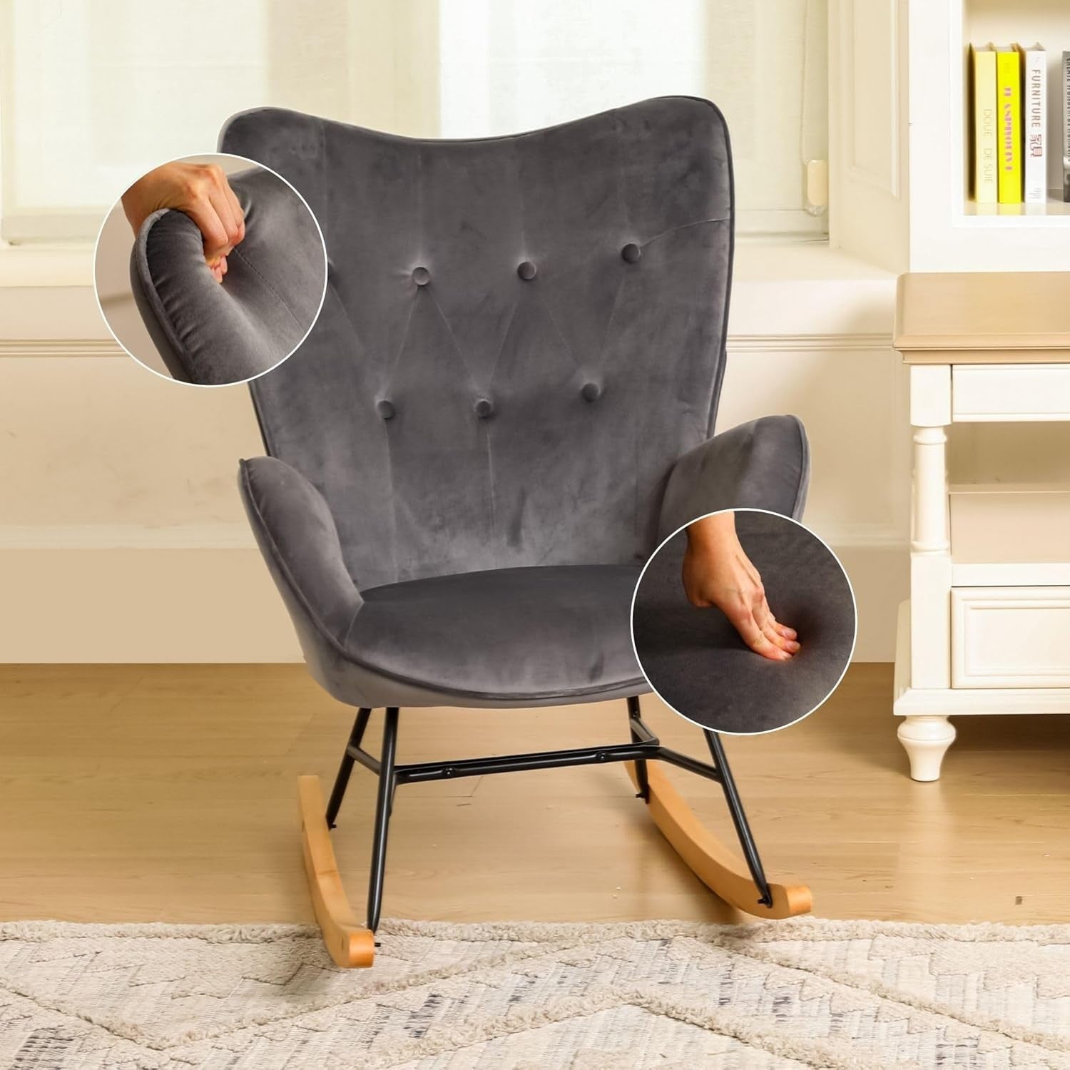 Velvet Rocking Chair Grey High Back Comfy Armchair for Lounge Nursery