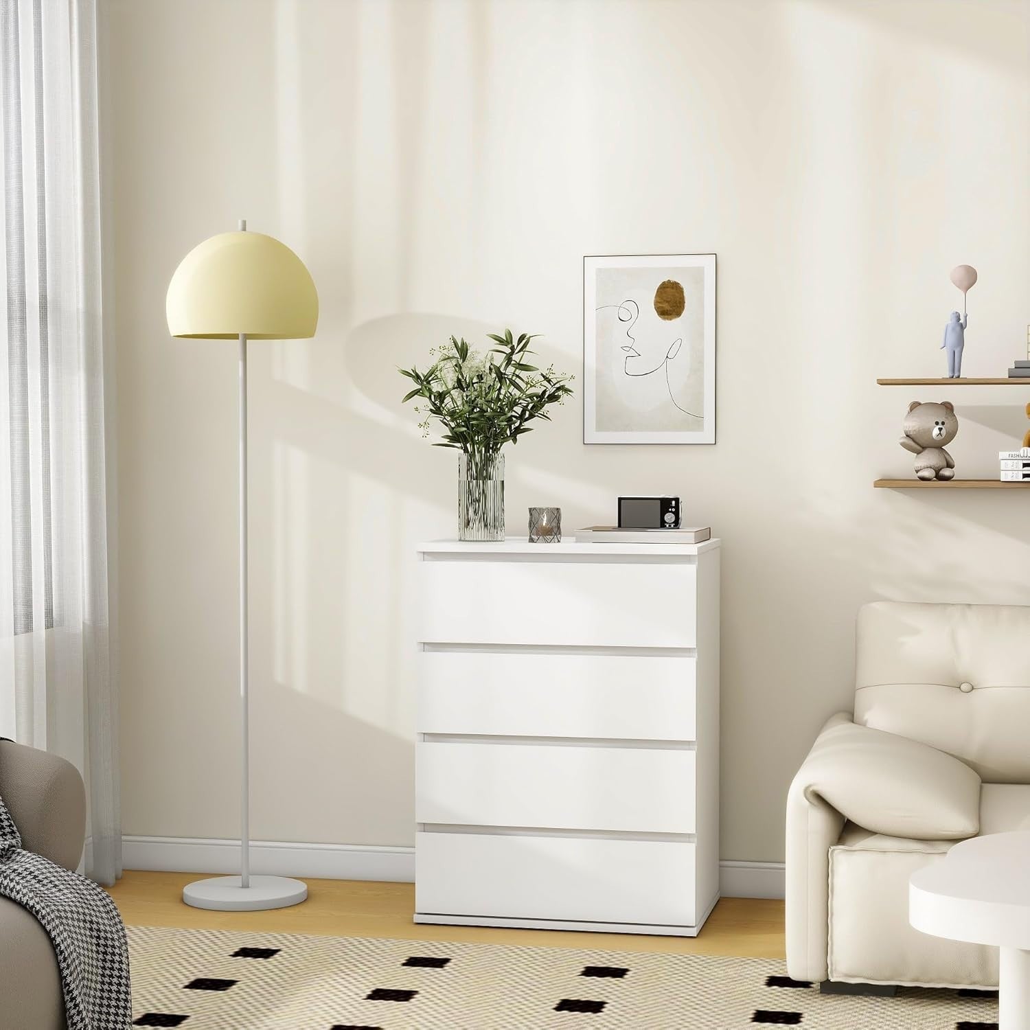Modern White 4-Drawer Chest Organizer | Sleek No Handle Tall Dresser Unit