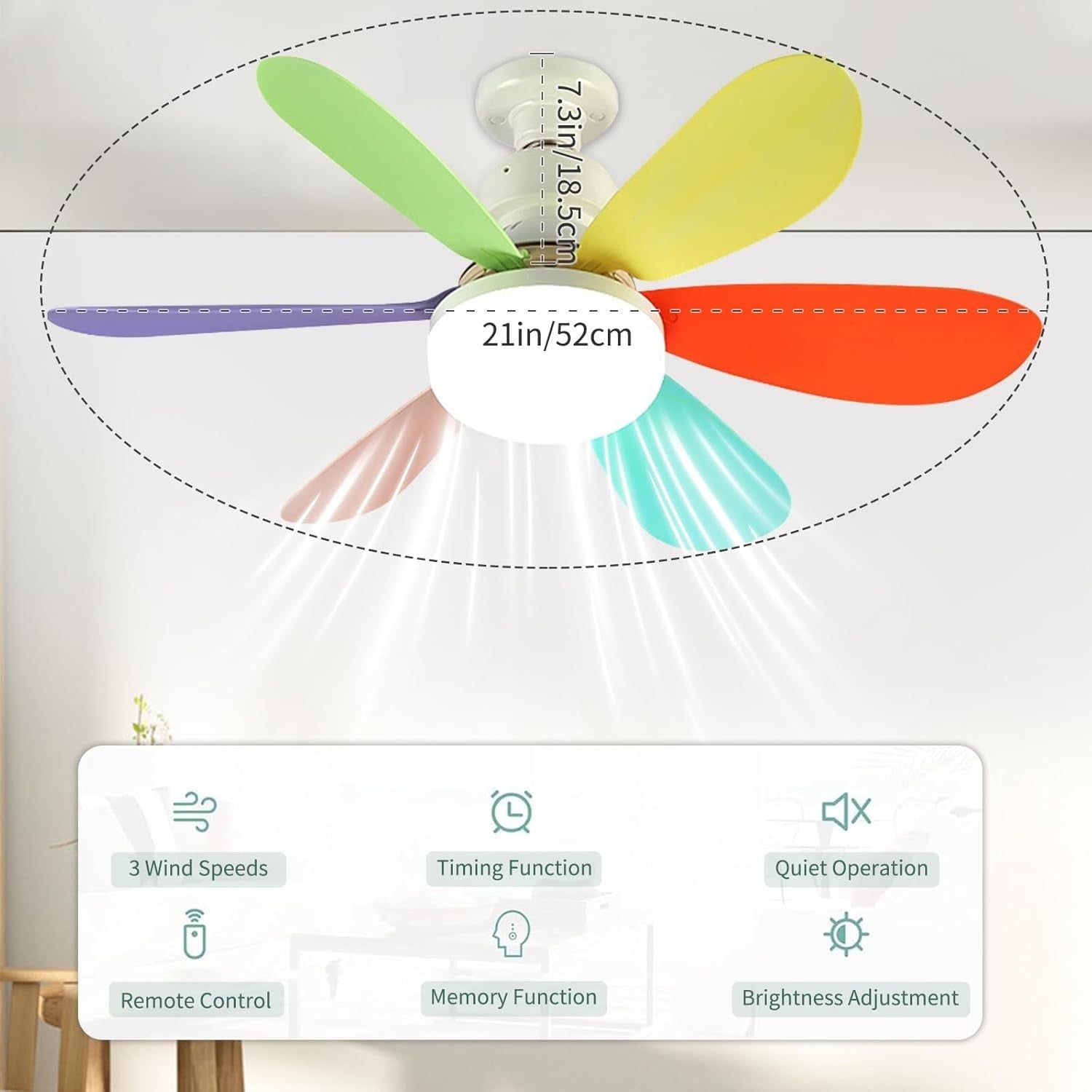 Socket Ceiling Fan with Light, Remote, E27 Base, Rainbow & White Blades, LED