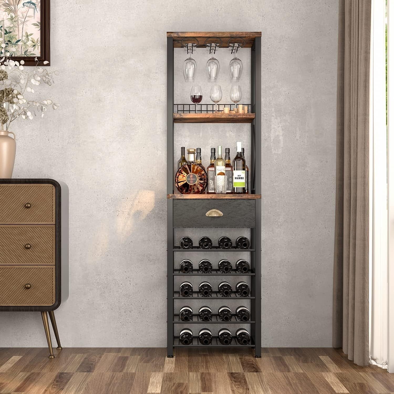Freestanding Wine Bar Cabinet with Glass Rack & 20 Bottle Storage Shelf Vintage