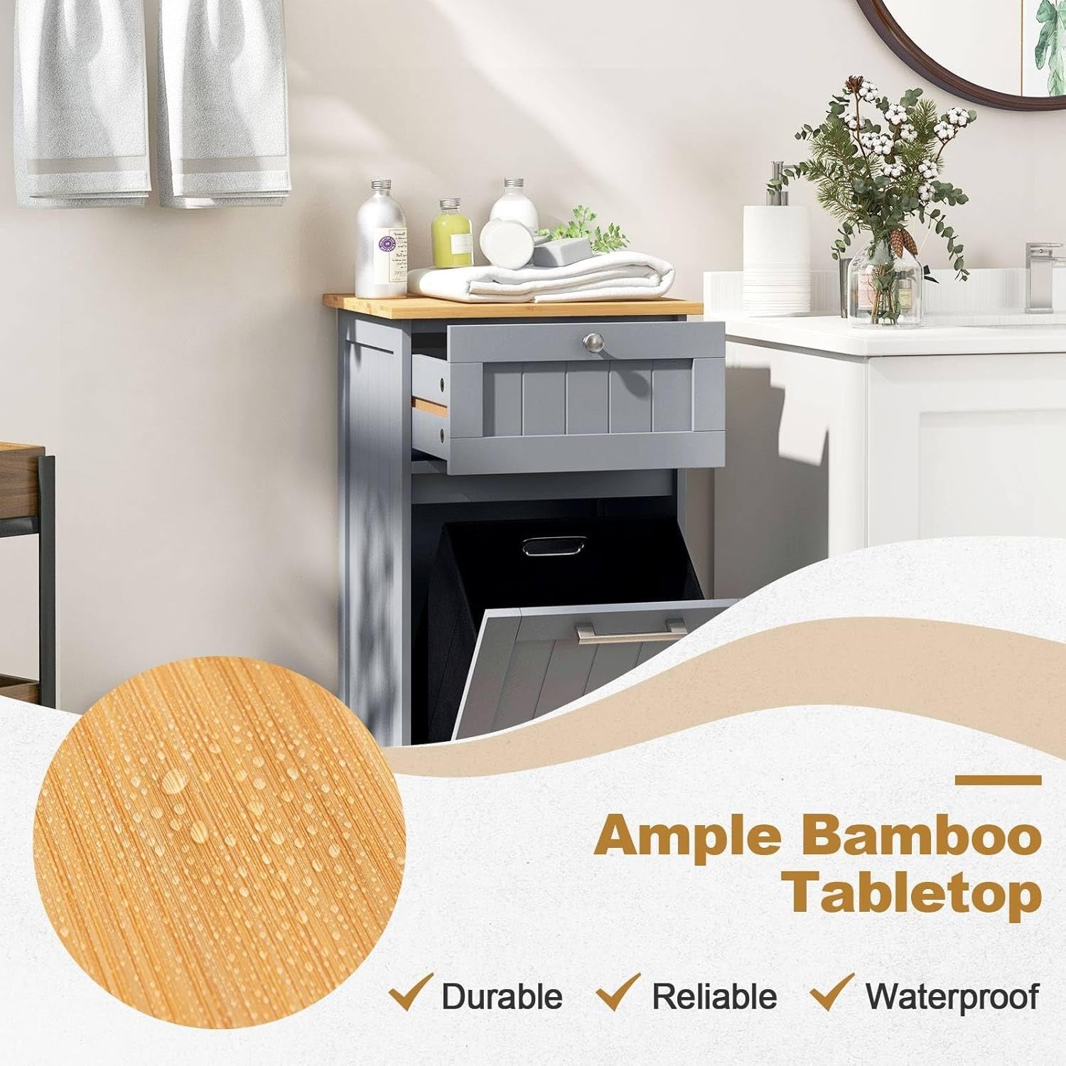 Grey 30L Tilt-Out Laundry Cabinet With Drawer Bamboo Top Modern Storage