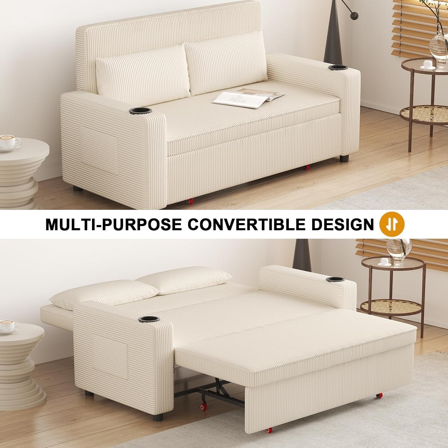 2 Seater Pull Out Sofa Bed with Storage Beige Sleeper Couch for Small Rooms