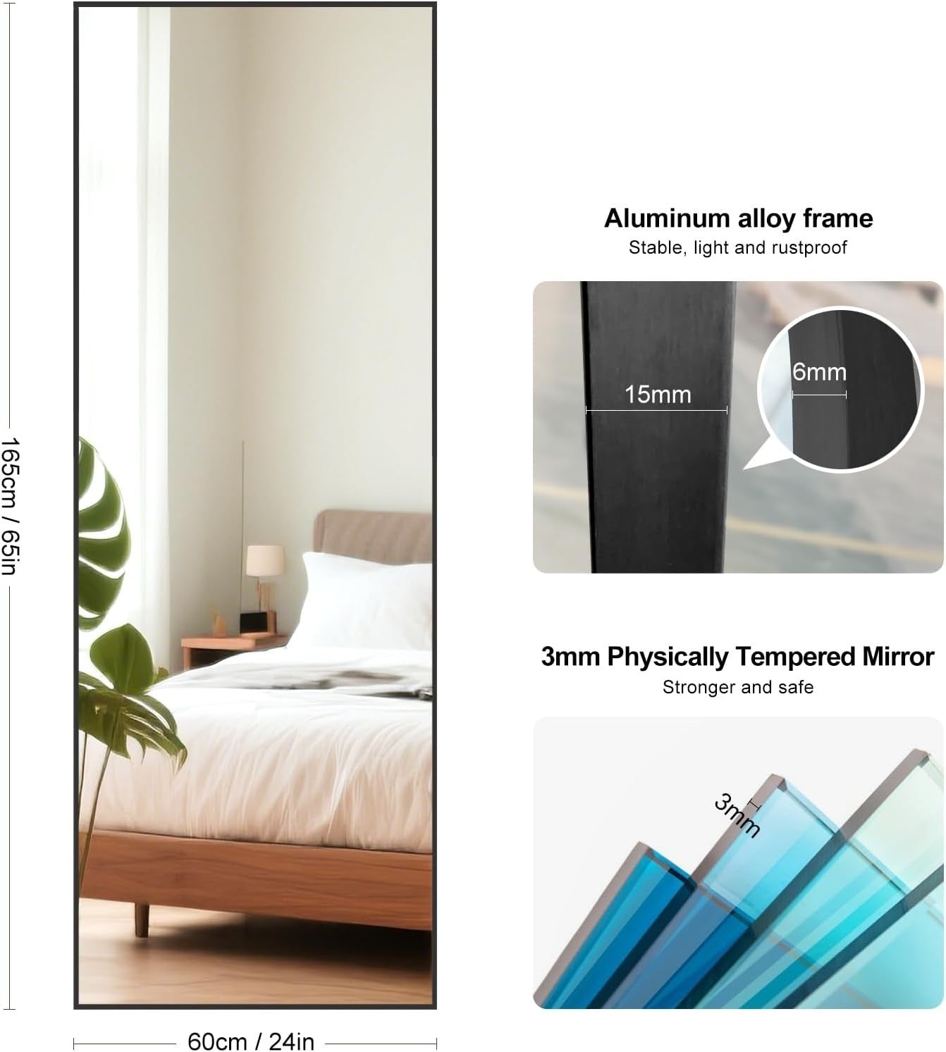 Large Full Length Mirror 165x60cm Wall Leaning, Shatterproof Glass Frame
