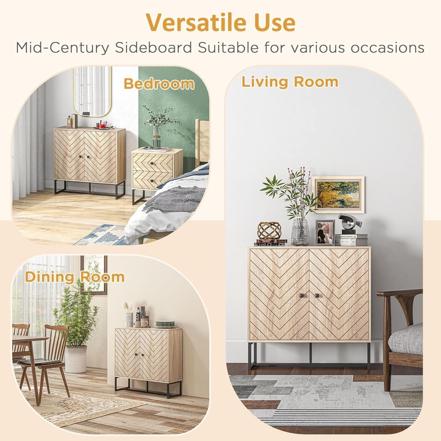 Modern Storage Cabinet with Adjustable Shelf Metal Base 2 Door Sideboard