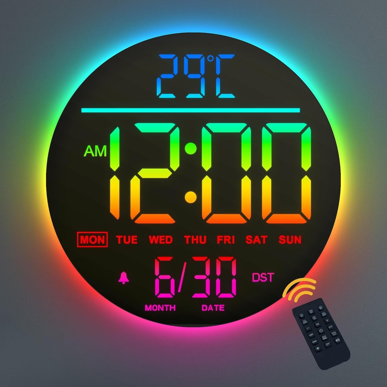 RGB LED Digital Wall Clock 10 Inch Remote Control Night Light Display