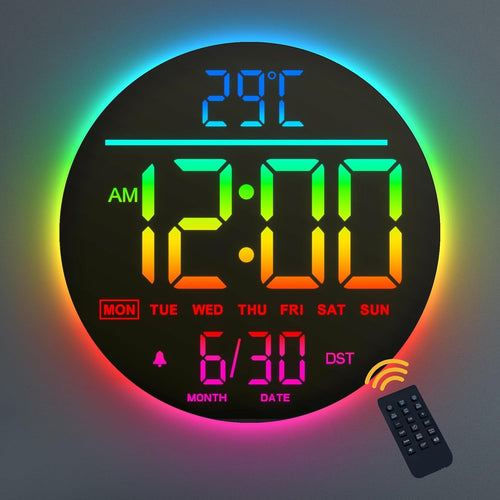 RGB LED Digital Wall Clock 10 Inch Remote Control Night Light Display