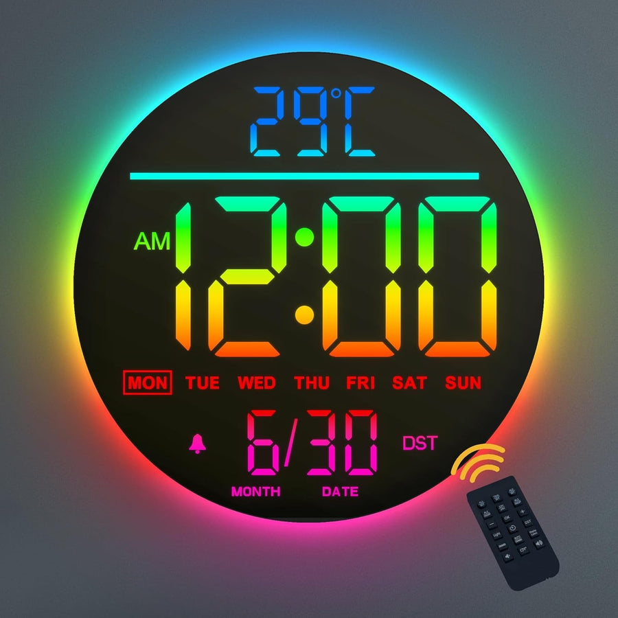 RGB LED Digital Wall Clock 10 Inch Remote Control Night Light Display