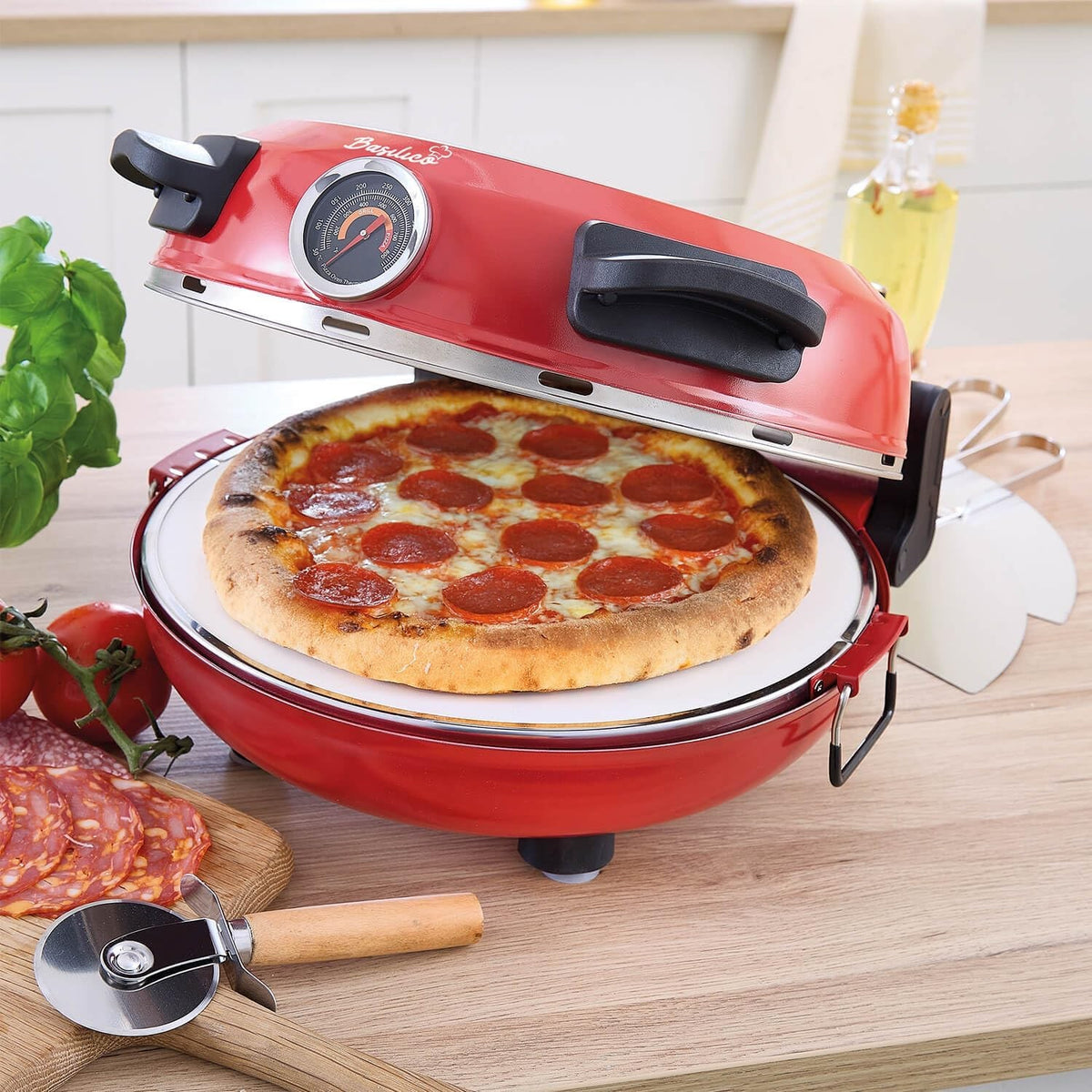 Stone-Baked Electric Pizza Oven Dual Heating 400°C Viewing Window Red