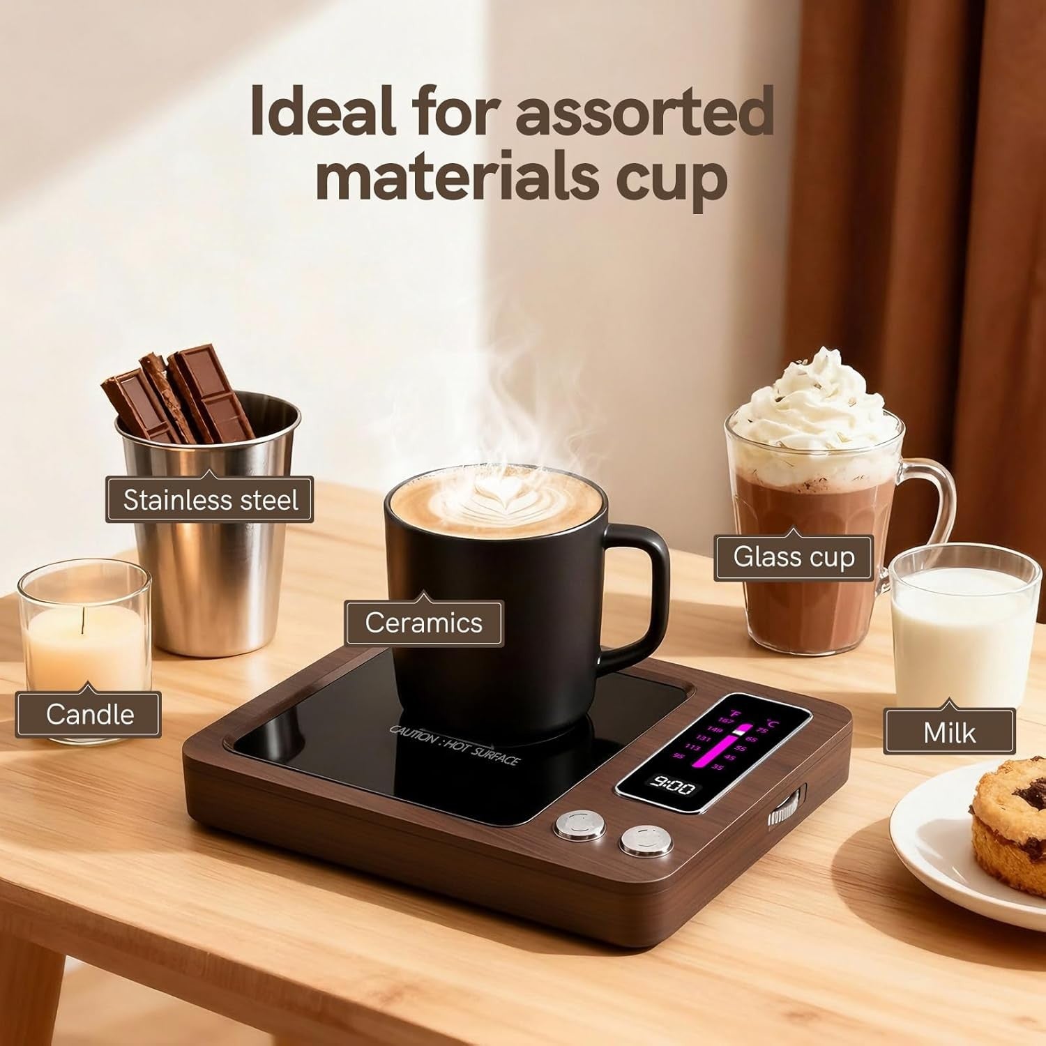 Coffee Mug Warmer 5 Temp 35-75°C 9H Auto Shut Off Wood Desk