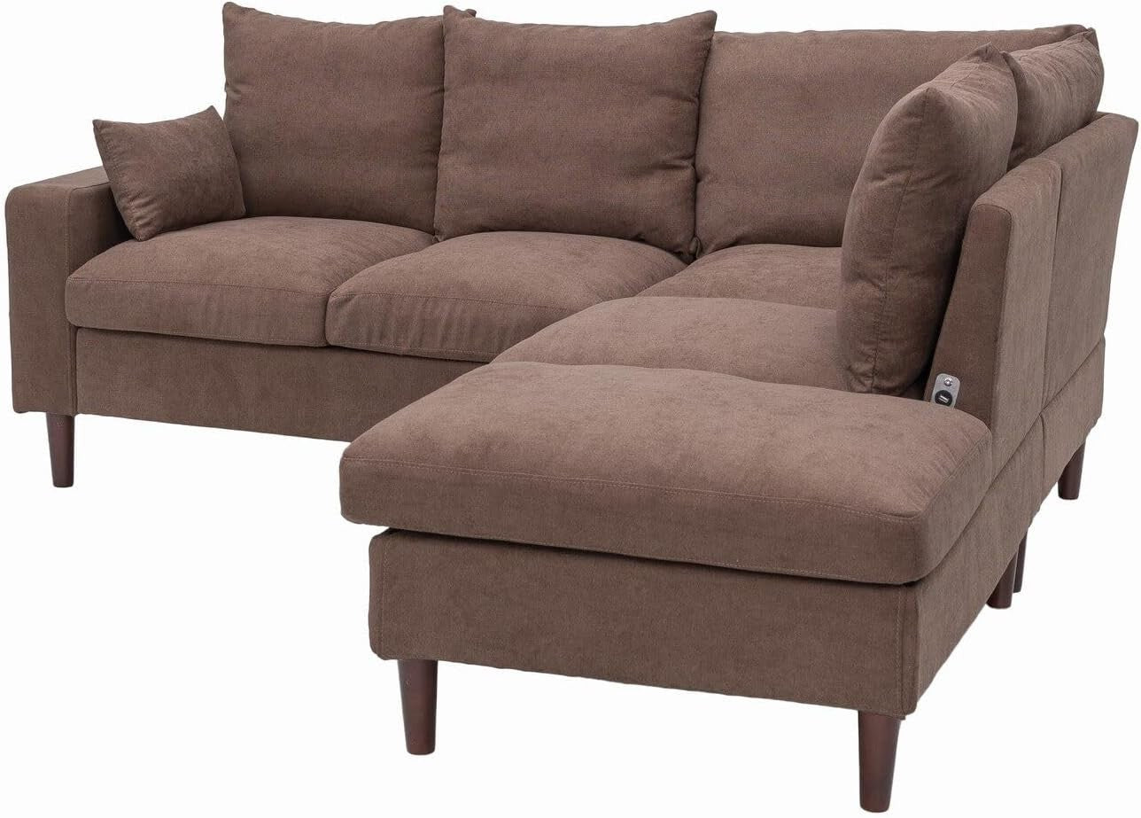 5 Seater L-Shape Linen Corner Sofa with Dual USB Ports & Solid Wood Legs