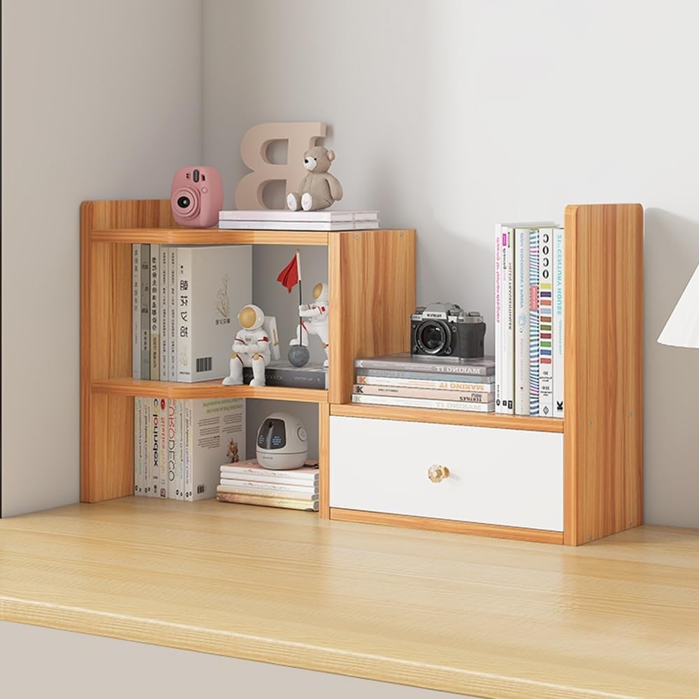 Expandable Desktop Bookshelf Adjustable Desk Organizer Storage Rack Cherry Wood