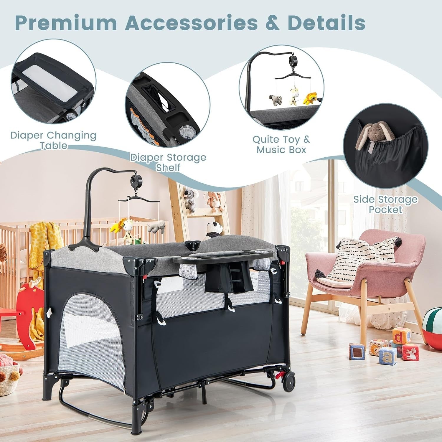 5in1 Baby Travel Cot Bedside Crib Bassinet w/ Mattress Changer Music Toys Black