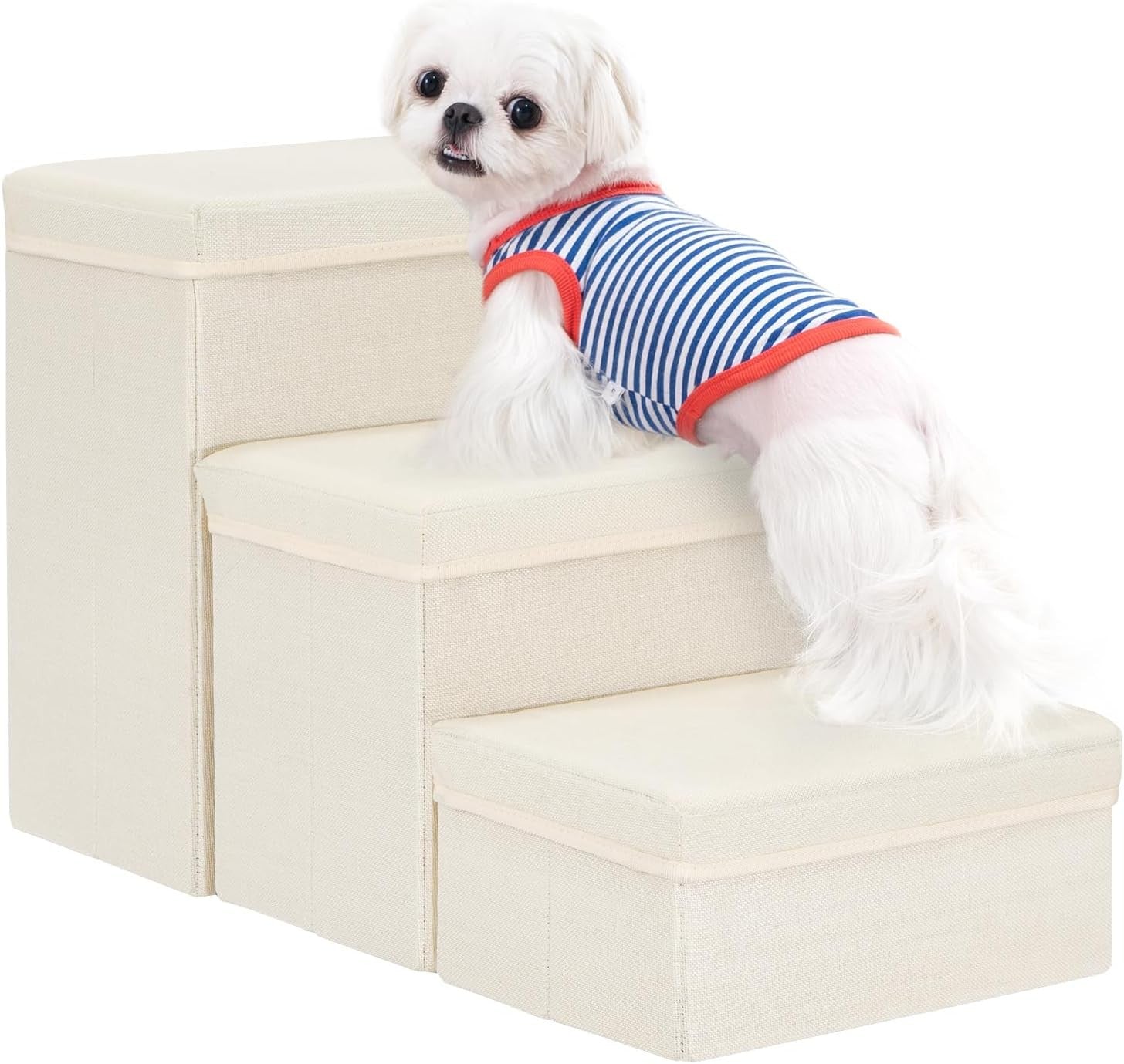 Dog Stairs with Storage 3 Step Pet Steps for Bed Sofa Beige