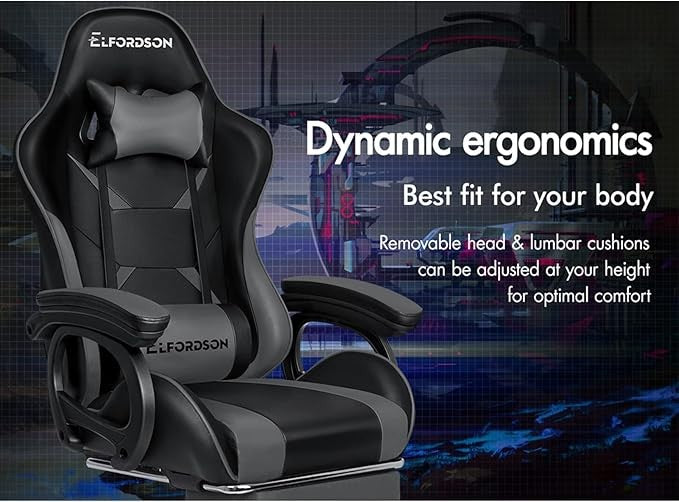 ELFORDSON Gaming Chair w/ 2-Point Massage Lumbar