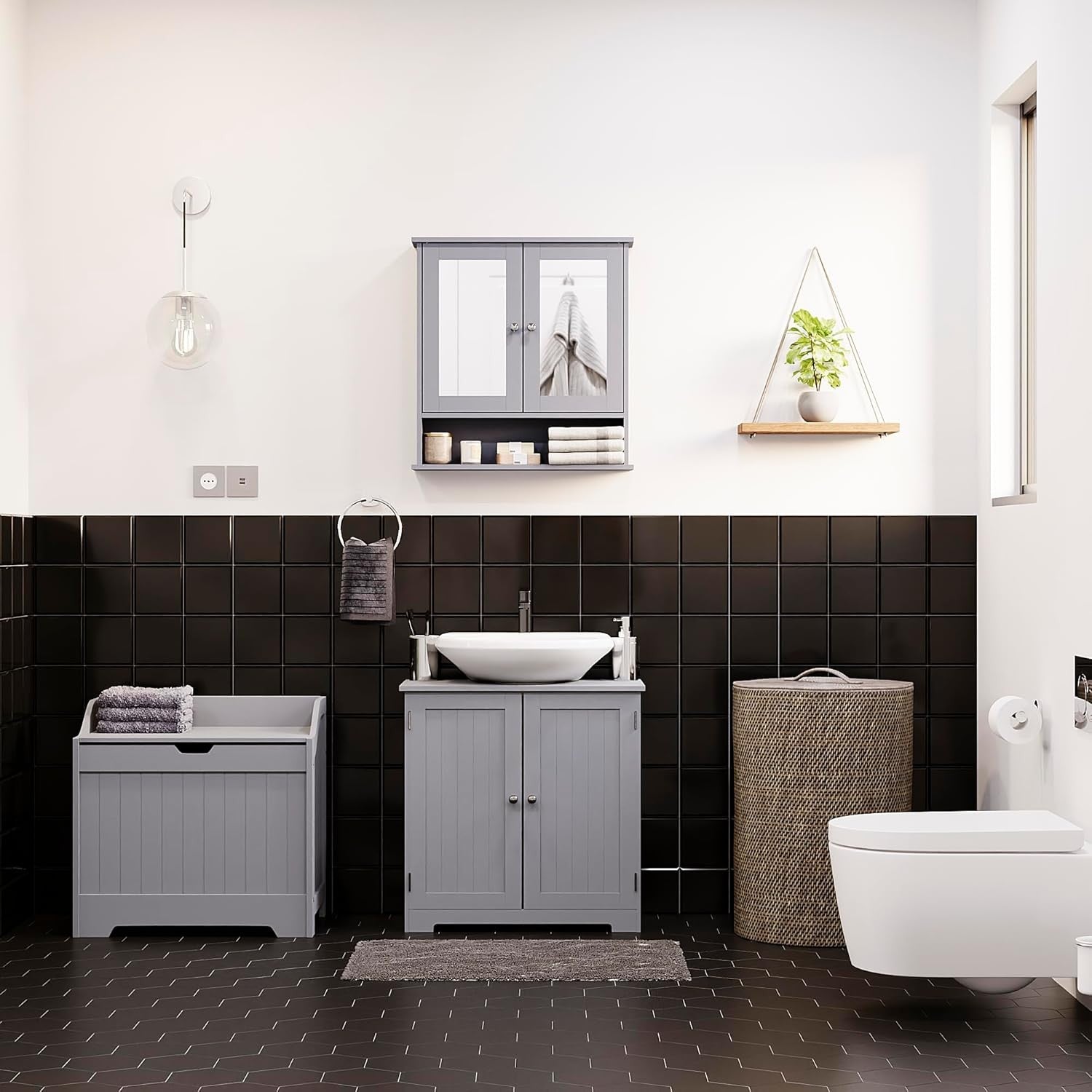 Bathroom Laundry Cabinet Storage Chest with Wooden Basket Grey MDF