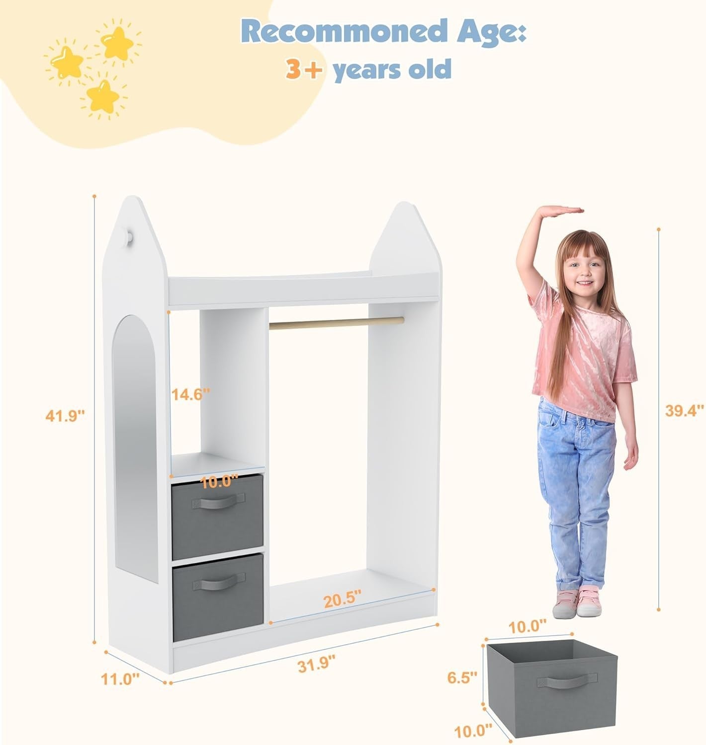 Kids Wardrobe with Mirror, Hanging Rail & 2 Drawers, White Rocket Design