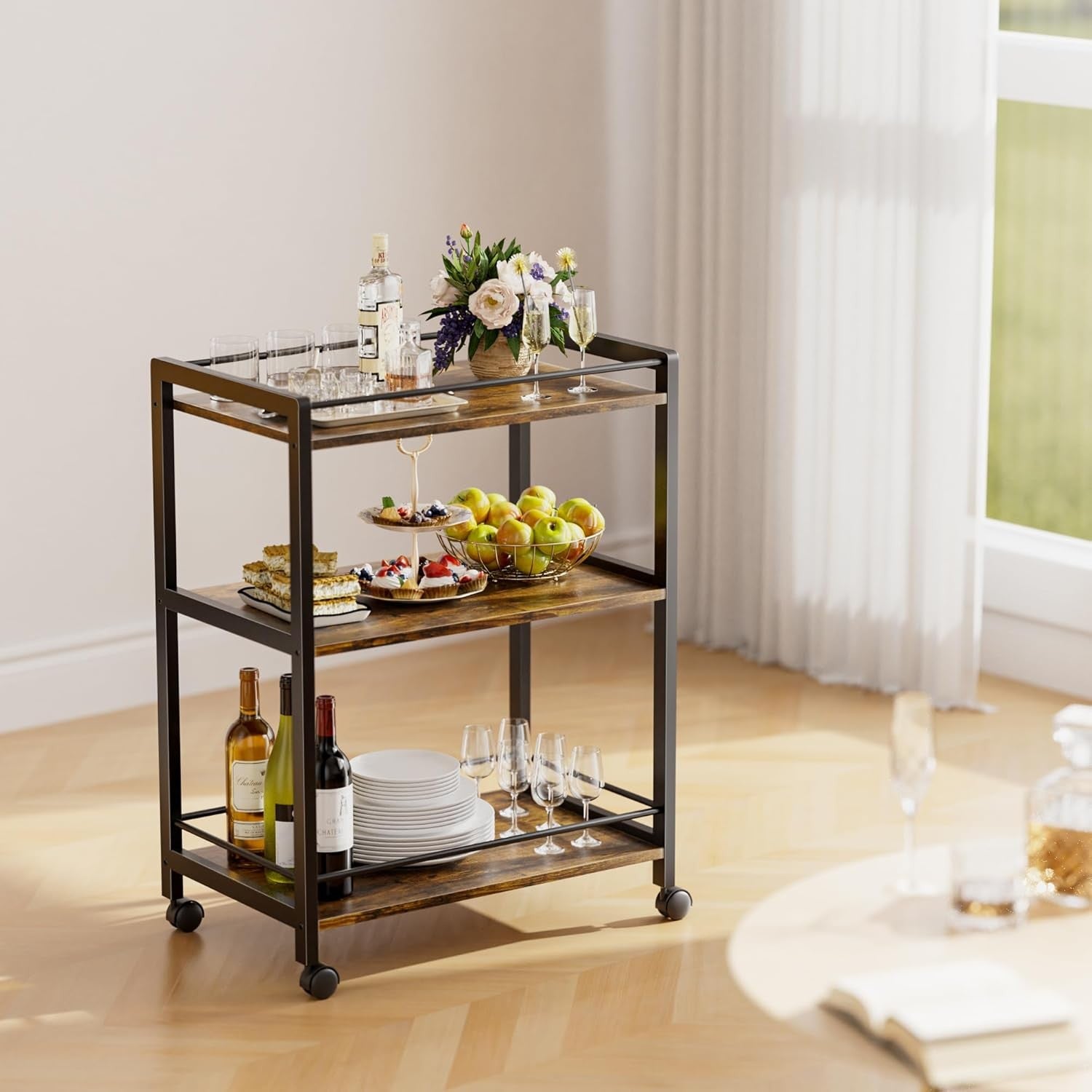 3 Tier Bar Cart Rolling Drinks Trolley with Storage Shelves Wheels Rustic