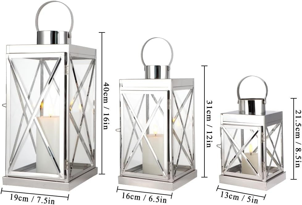 Set of 3 Silver Stainless Steel Lanterns Candle Holders