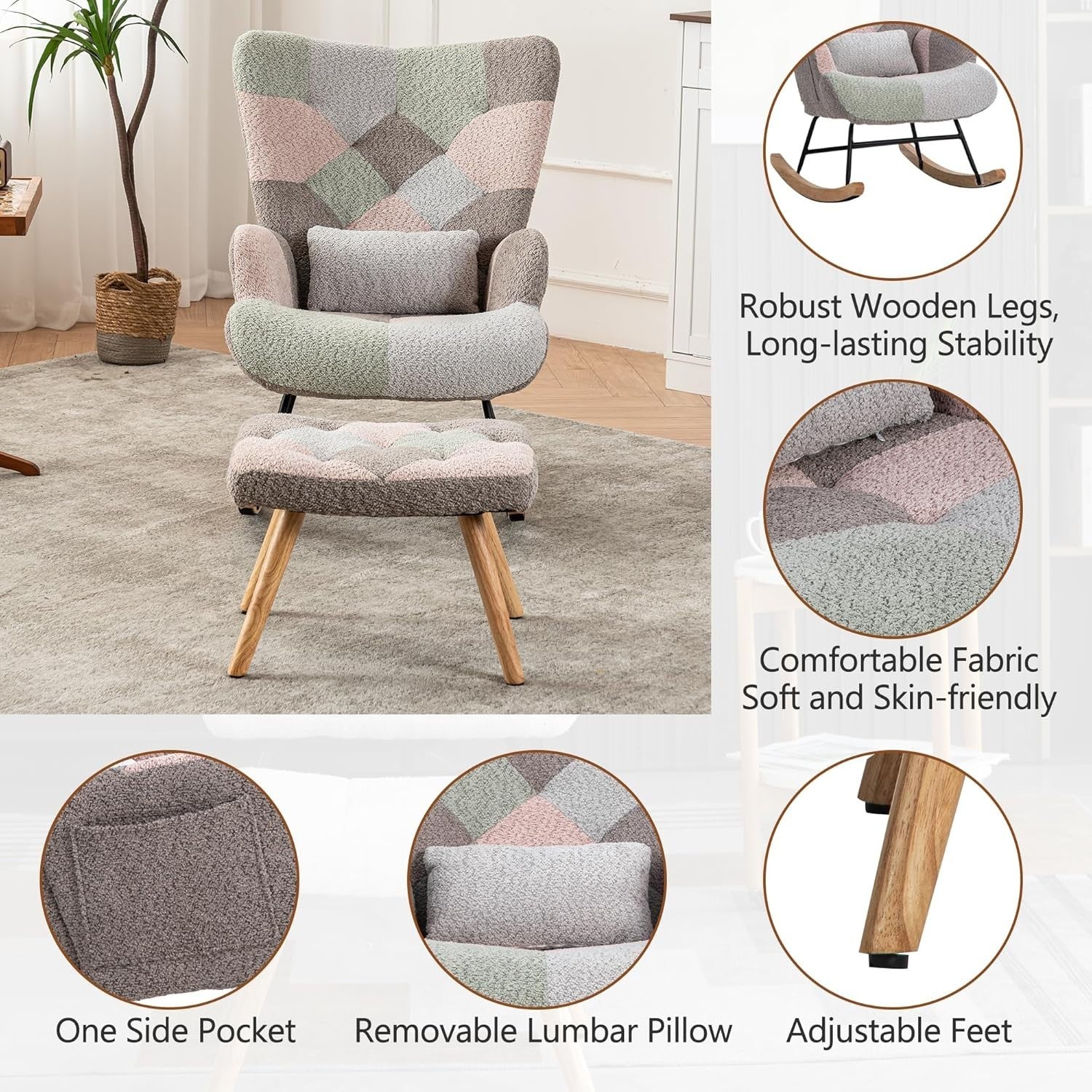 Patchwork Rocking Chair with Ottoman | Ergonomic Comfort & Solid Wood Legs