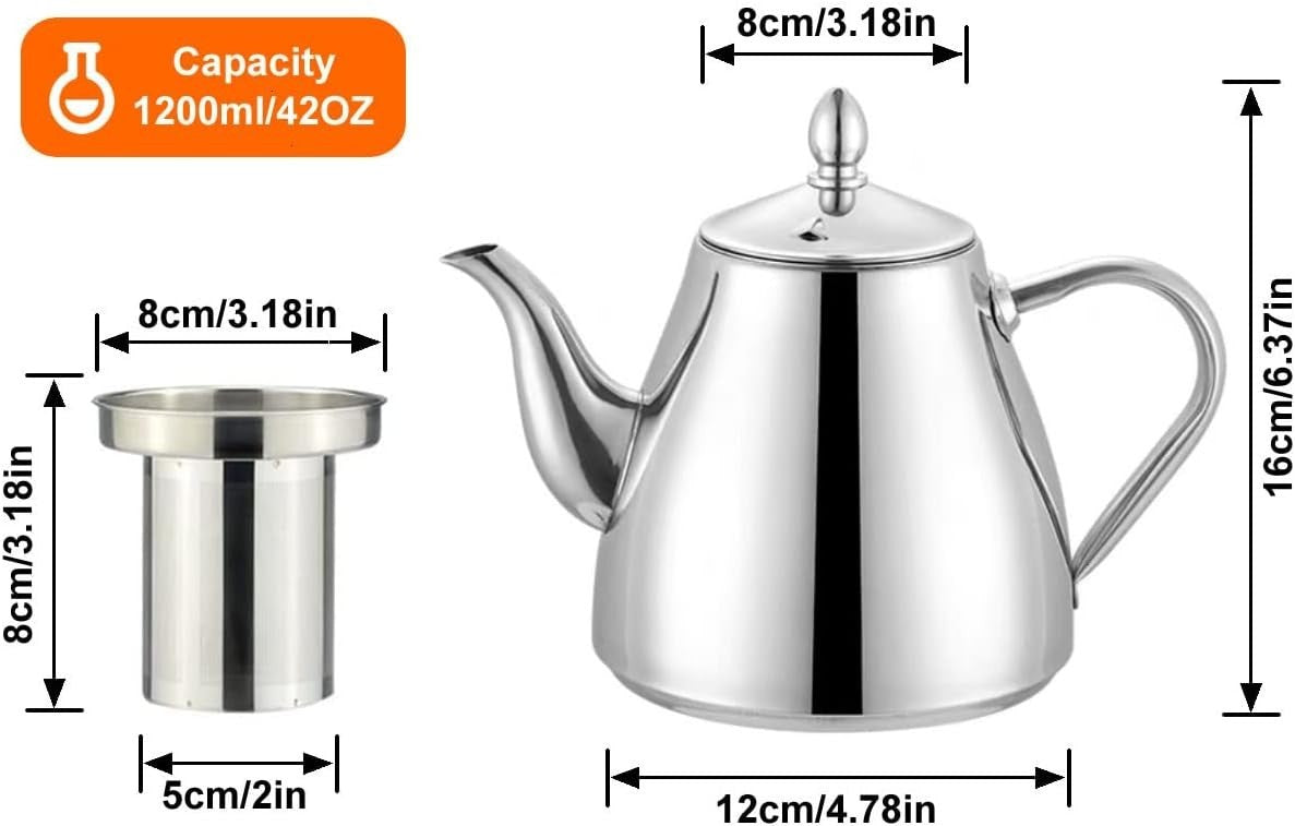 Stainless Steel Teapot 42oz 1.2L Tea Pot w Infuser Strainer Silver
