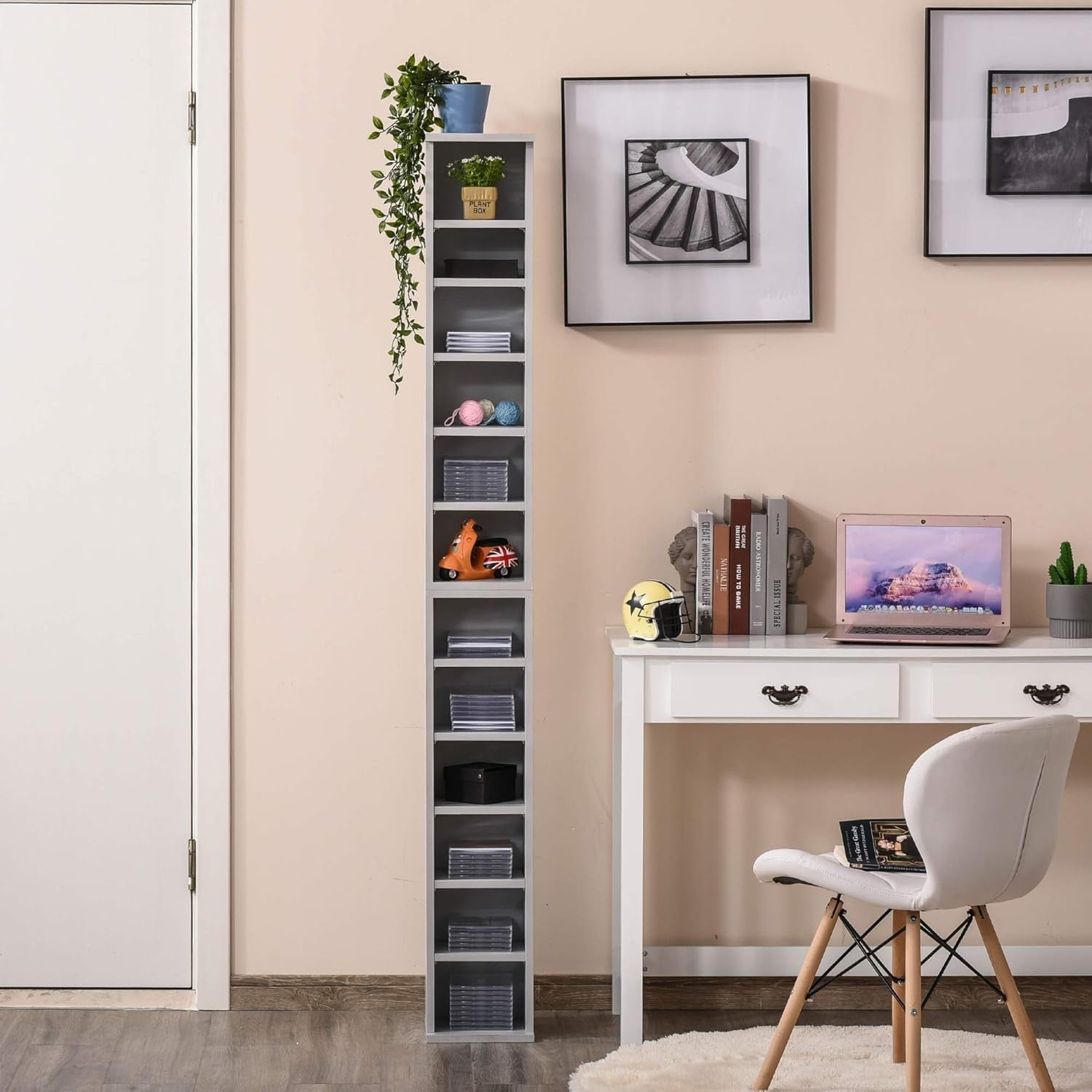 Set of 2 Tall Media Storage Towers – Adjustable CD DVD Blu-Ray Shelving Grey