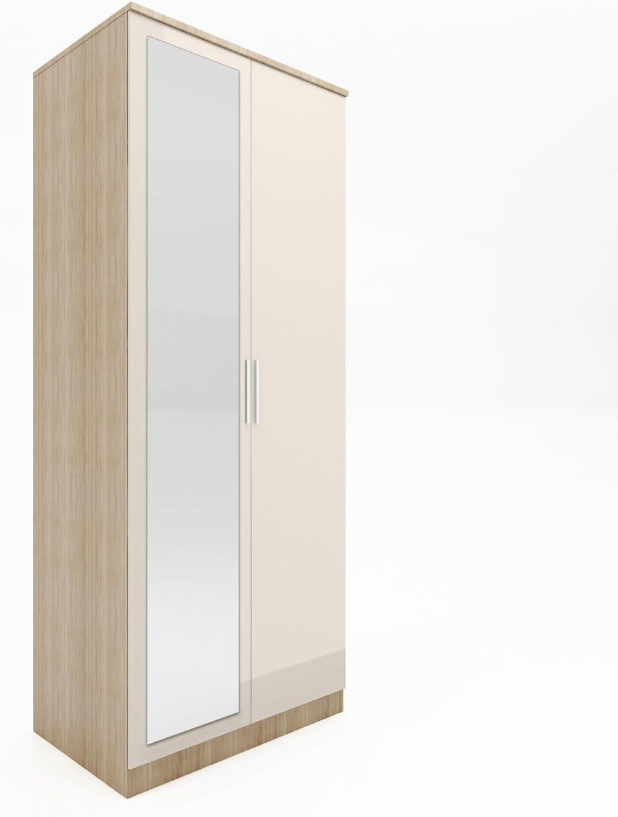 Cream Oak 2 Door Wardrobe with Mirror Soft Close High Gloss Storage 178cm