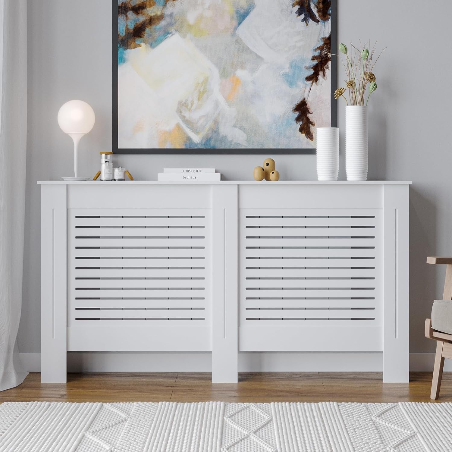 Modern Wooden Radiator Cover MDF Grill Cabinet Shelf | White Large | Decorative