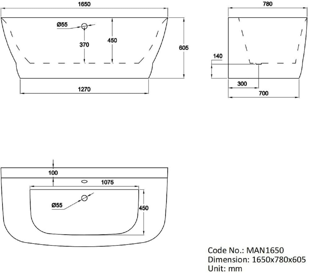 1650x780mm Freestanding Double Ended Back-to-Wall Bath White Acrylic Oval