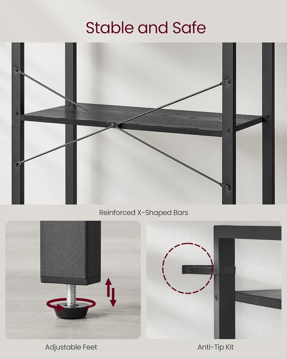 5-Tier Industrial Black Bookcase – Wide Storage Shelf for Home & Office