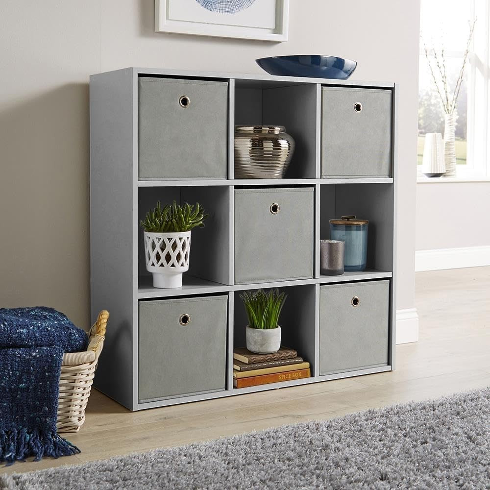9 Cube Storage Shelf Grey Wooden Bookcase Display Unit 90cm