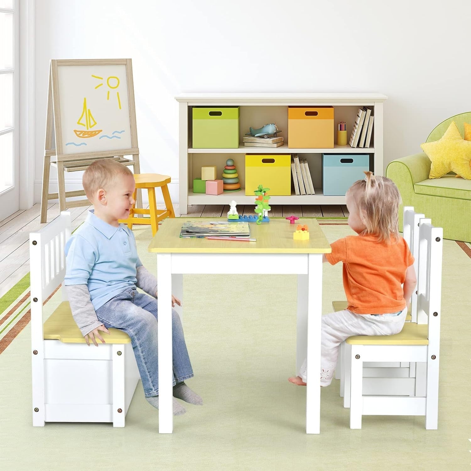 Kids Wooden Table Chair Set with Storage Bench 4 Piece Toddler Furniture