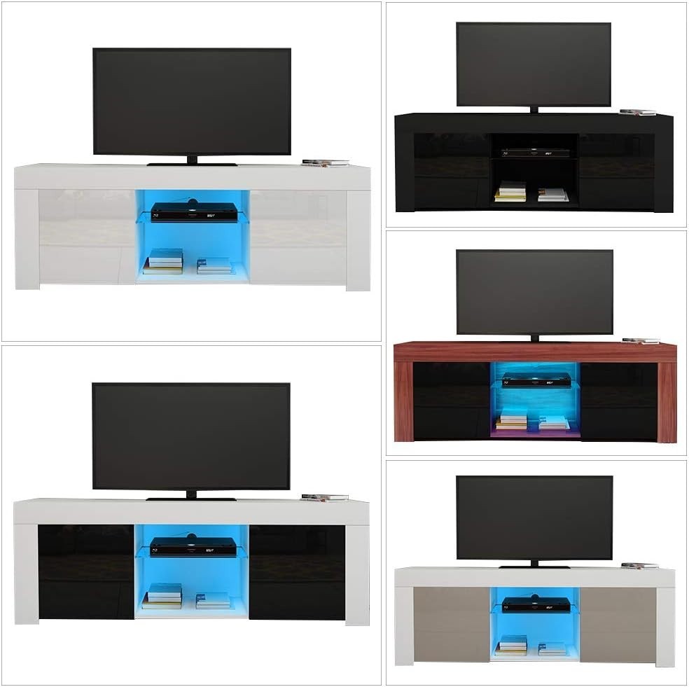 White Modern TV Stand for 50” TVs with RGB LED Light & Storage Cabinets