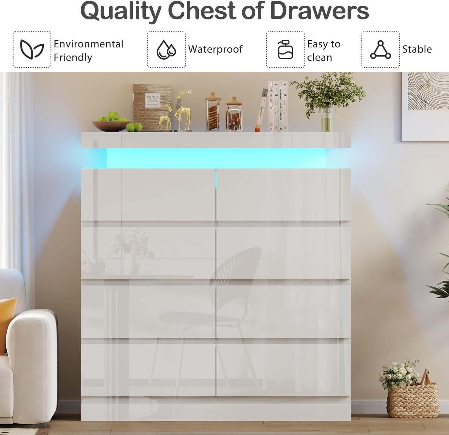 White High Gloss 8 Drawer Chest LED Light Modern Storage Cabinet