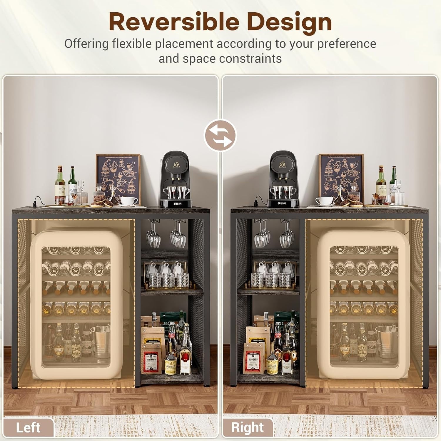Mini Fridge Stand with Power Outlet, Wine Rack & Shelves