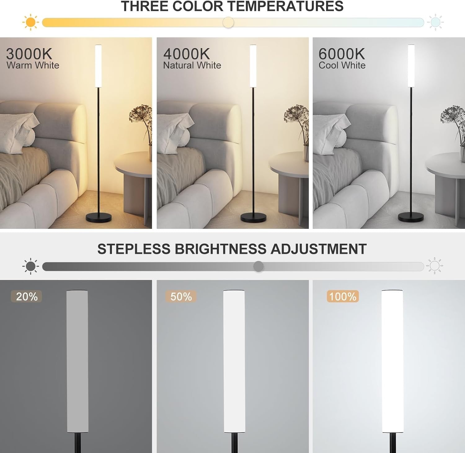 LED Floor Lamp Black Dimmable Standing Light Remote Touch 3 Colour Modes