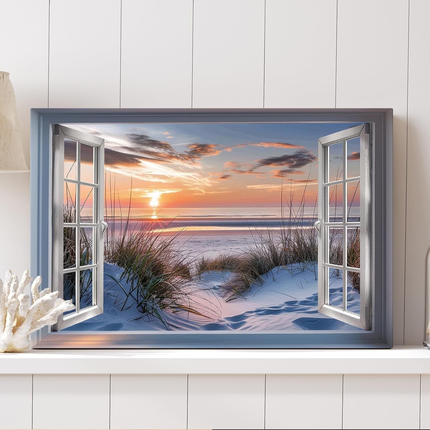 Beach Window Canvas Wall Art Sunset Seascape Print Living Room Decor