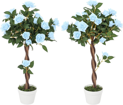 Set of 2 Artificial Rose Trees 90cm Light Blue Faux Flower Plants Home Decor