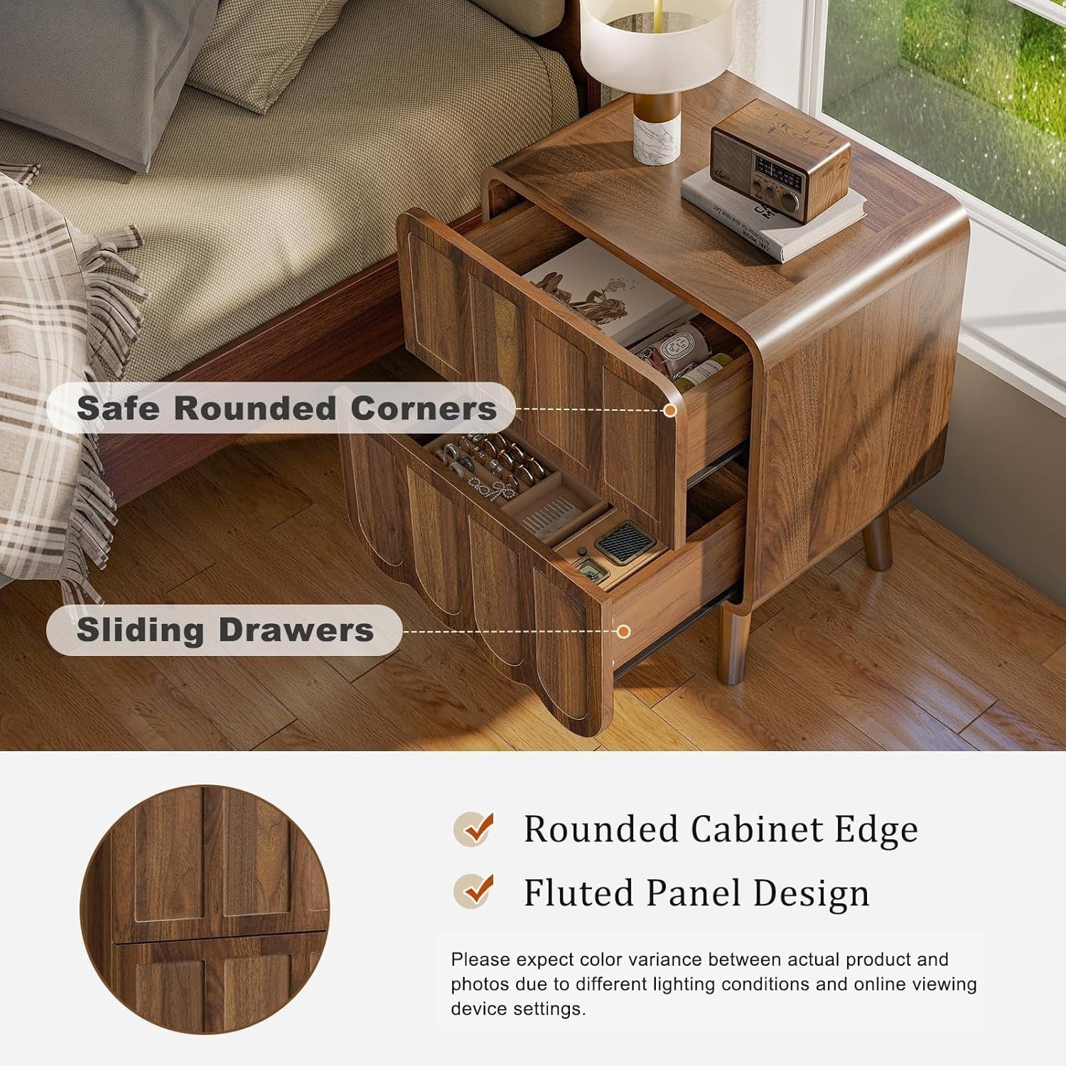 Luxury Walnut Bedside Table with 2 Drawers – Retro Wood Nightstand