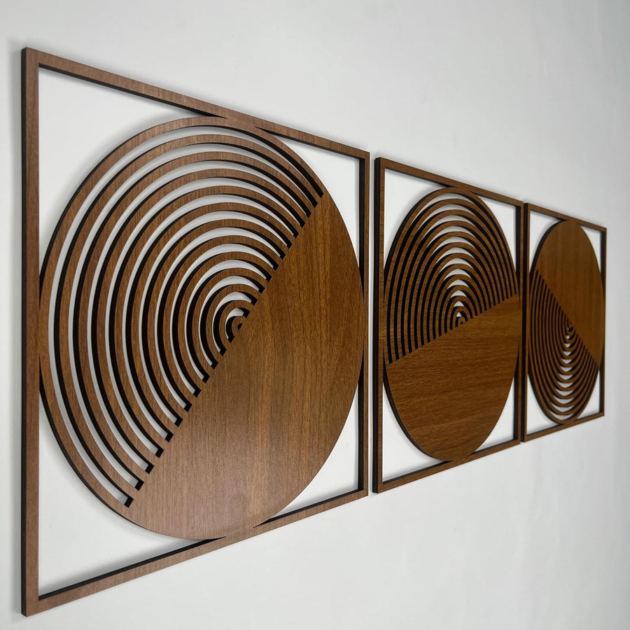 Set of 3 Round Wood Wall Art Boho Mid Century Decor