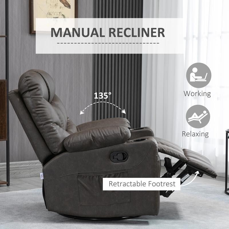 PU Leather Recliner Armchair Swivel Chair w/ Footrest, Cup Holders, Brown
