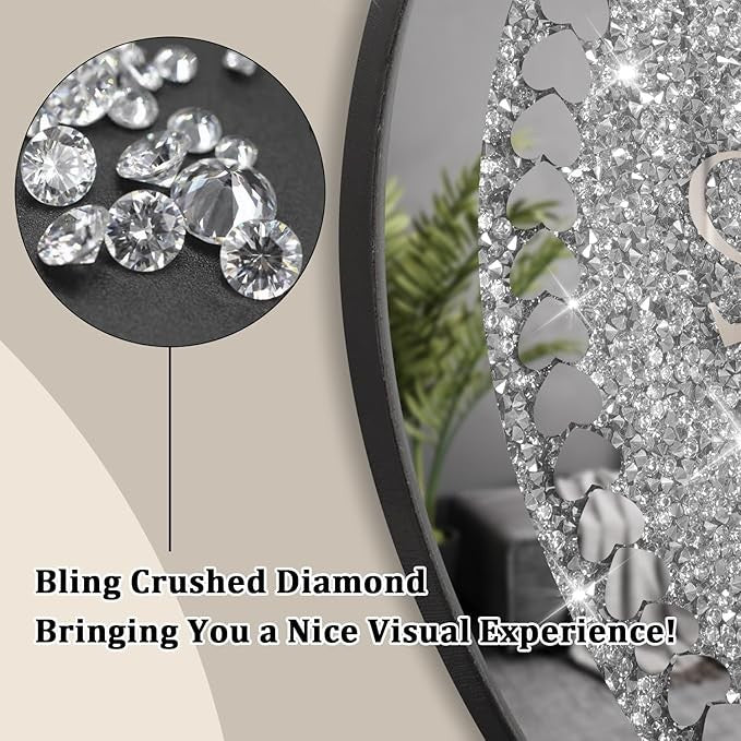 Heart Shape Crushed Diamond Mirror Wall Clock Silver Crystal Sparkle 35×40cm