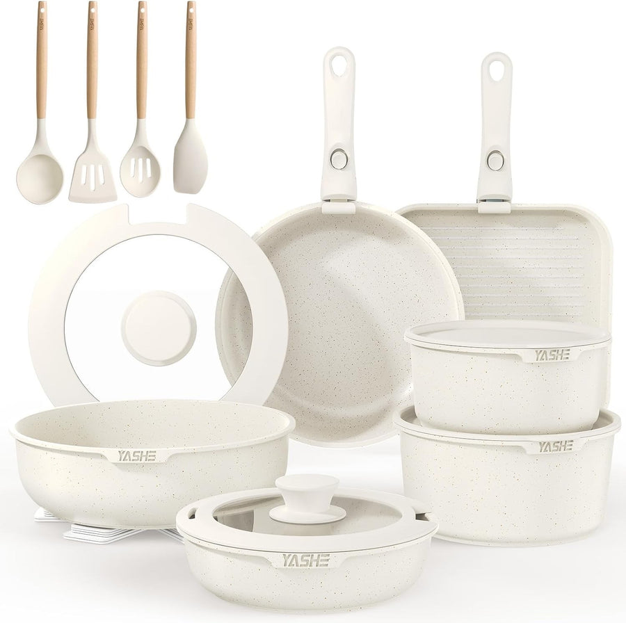 21pcs White Non Stick Cookware Set with Removable Handles – Induction, Oven Safe