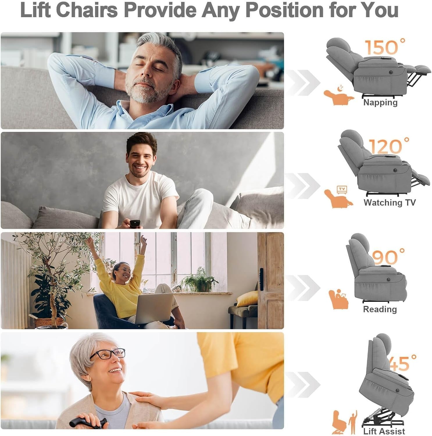 Set of 2 Power Lift Recliners Massage Heat USB-C Footrest Cup Holders Grey
