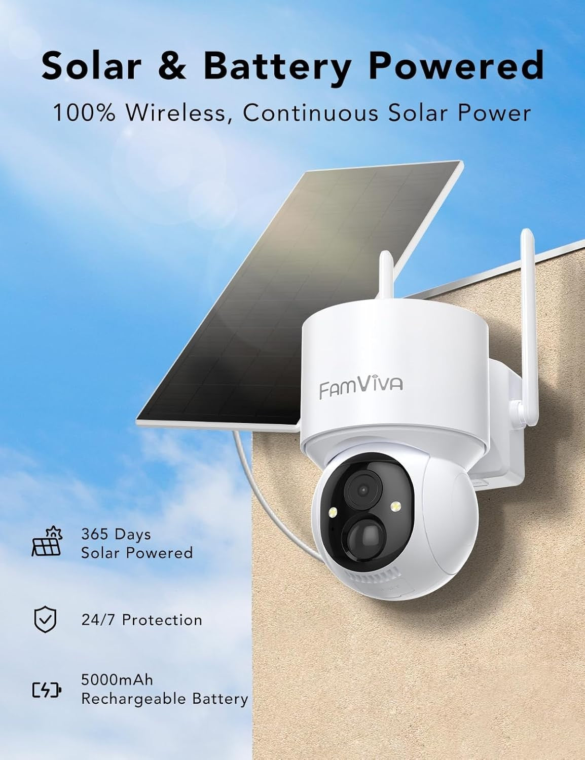 2K Solar Security Camera Wireless Outdoor PTZ 360° WiFi IP66 White