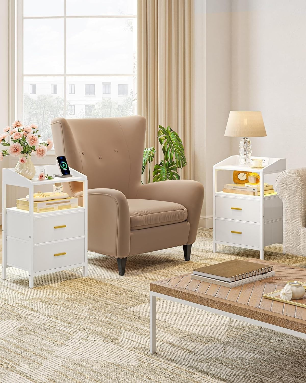 White Bedside Table with USB Type-C Charging Ports & 2 Drawers