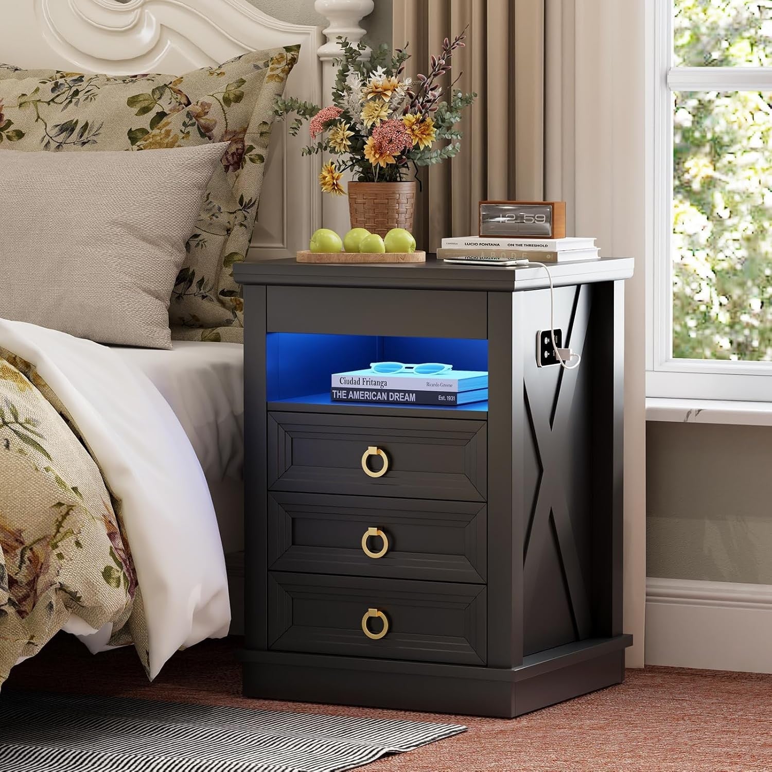 Black Smart Bedside Table with Wireless Charging, LED Lights & 4 Drawers Storage