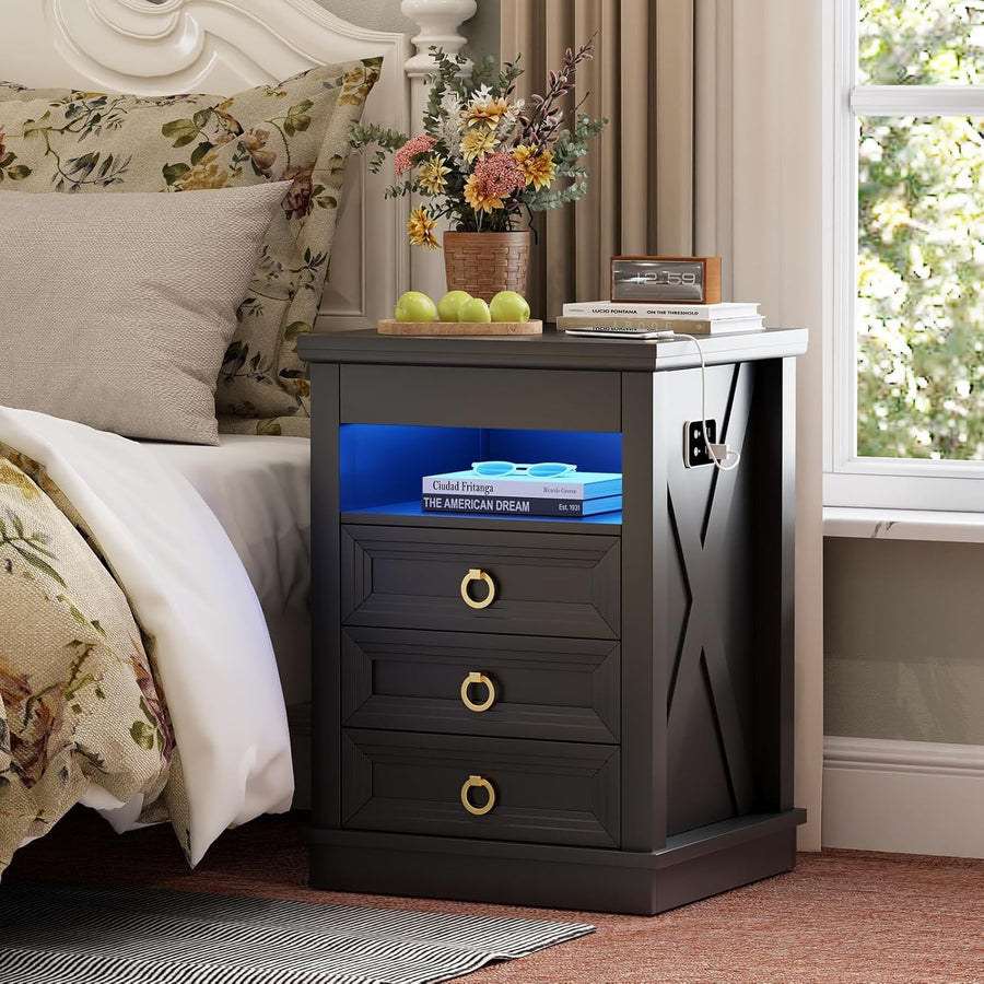 Black Smart Bedside Table with Wireless Charging, LED Lights & 4 Drawers Storage